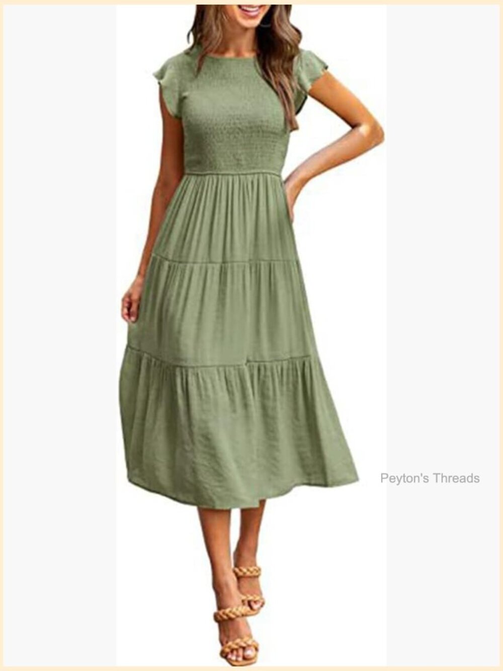 Flutter Short Sleeve Cross Smocked Midi Swing Beach Sundress - Picture 1 of 7